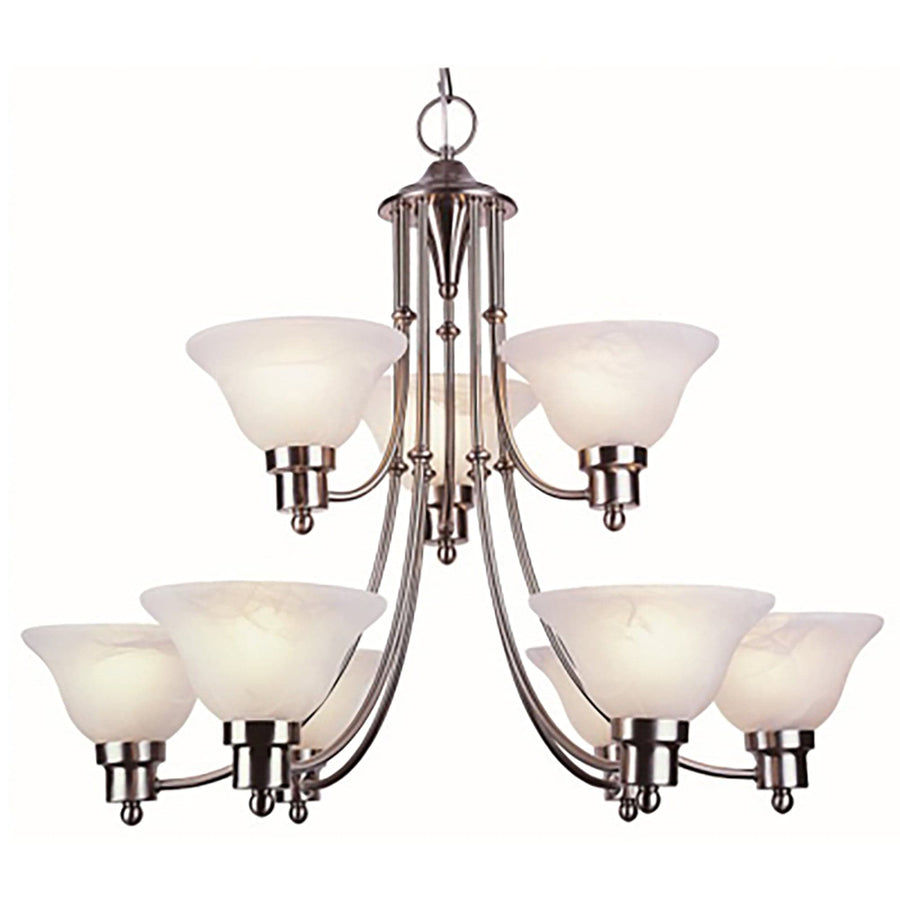Trans Globe 9-Light, 9-Shade, Glass Bell, 2-Tier Chandelier with Chain -  Brushed Nickel