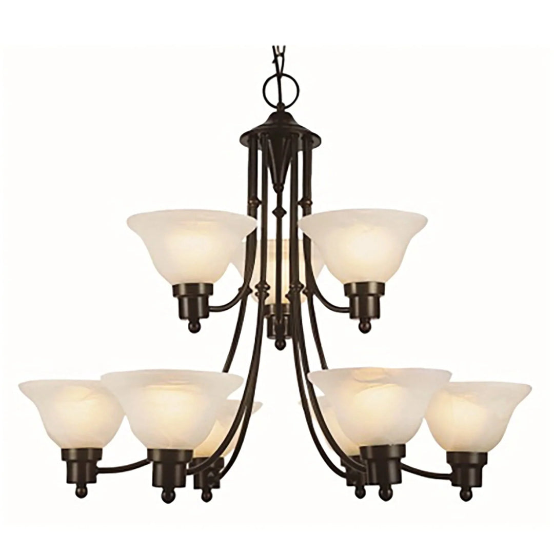 Two tier chandelier with nine frosted glass shades and weathered bronze finish for dining room lighting