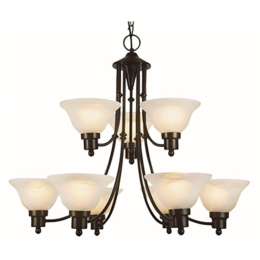 Trans Globe 9-Light, 9-Shade, Glass Bell, 2-Tier Chandelier with Chain -  Weathered Bronze