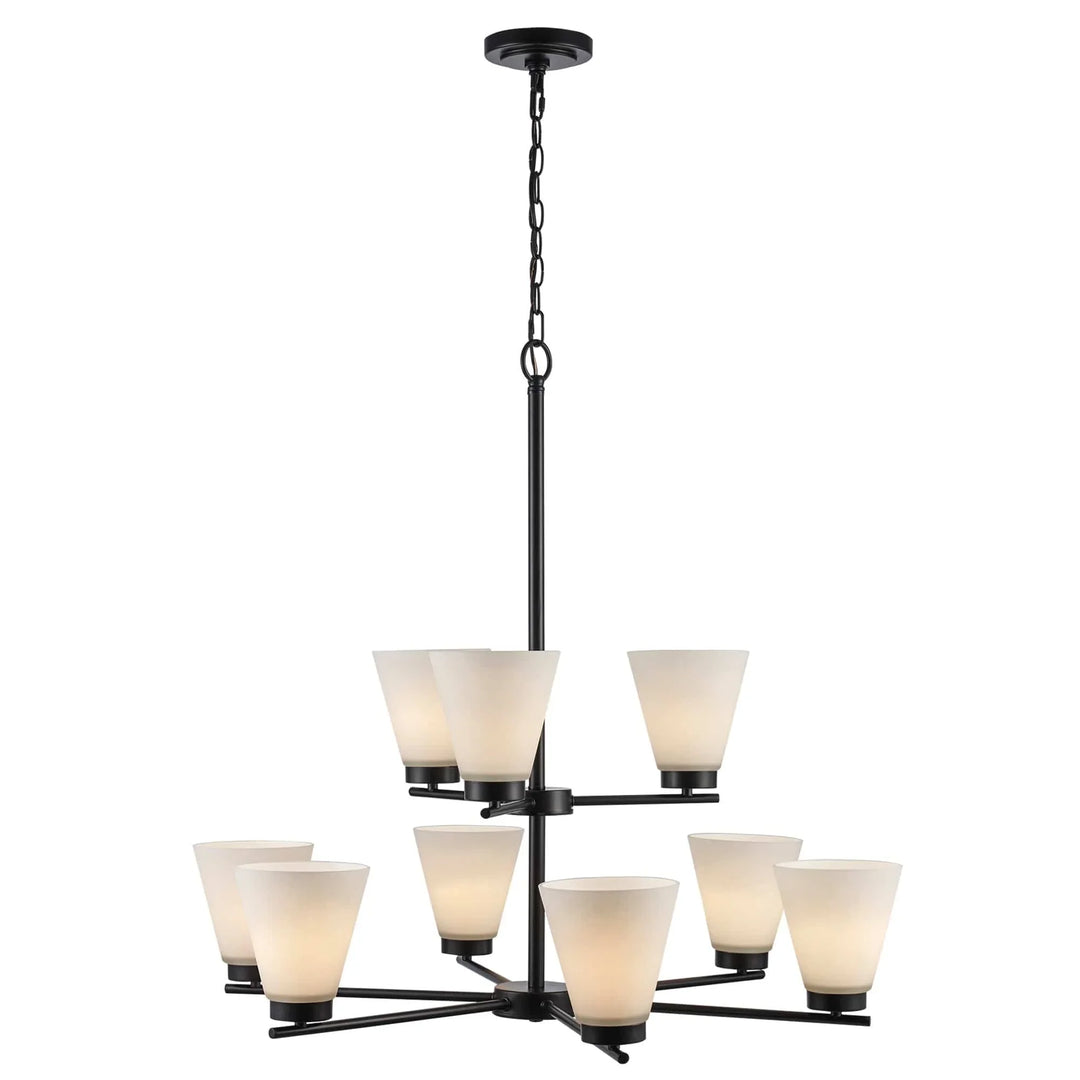 9-light black chandelier with frosted glass shades ideal for modern dining room lighting