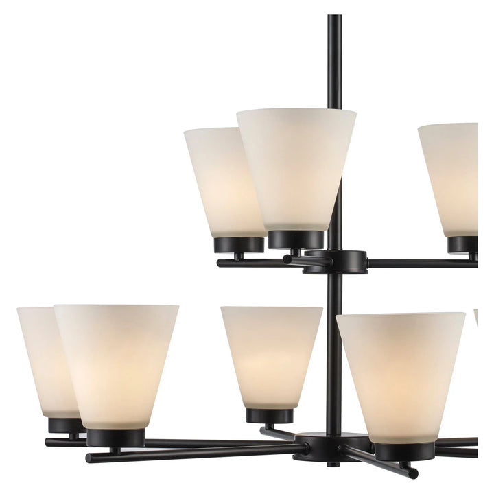 9-light black chandelier with frosted glass shades for modern dining or living room lighting