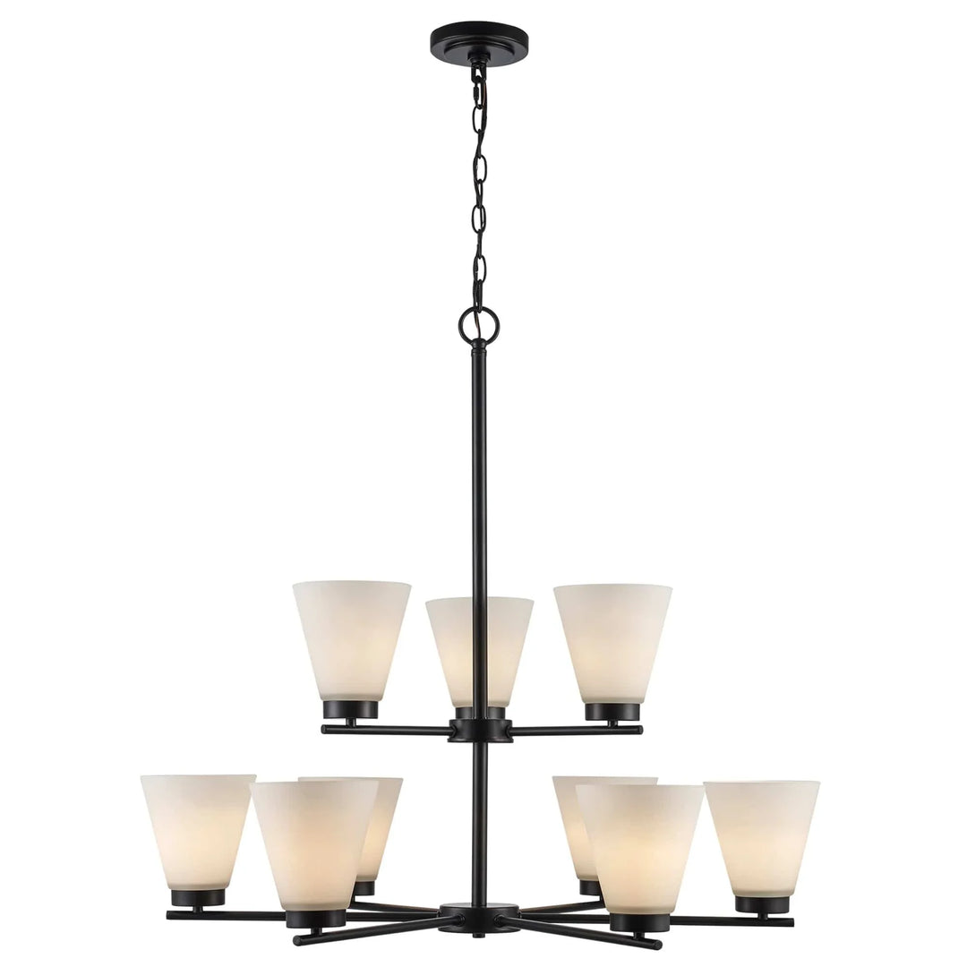 Black 9-light chandelier with frosted glass shades for modern dining room or entryway lighting
