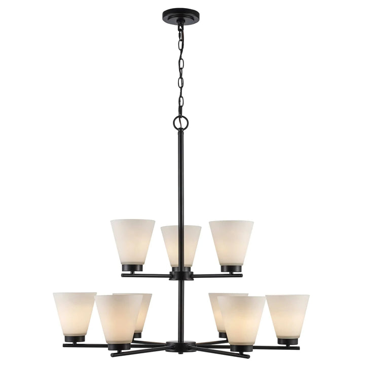 Black 9-light chandelier with frosted glass shades for modern dining room or entryway lighting