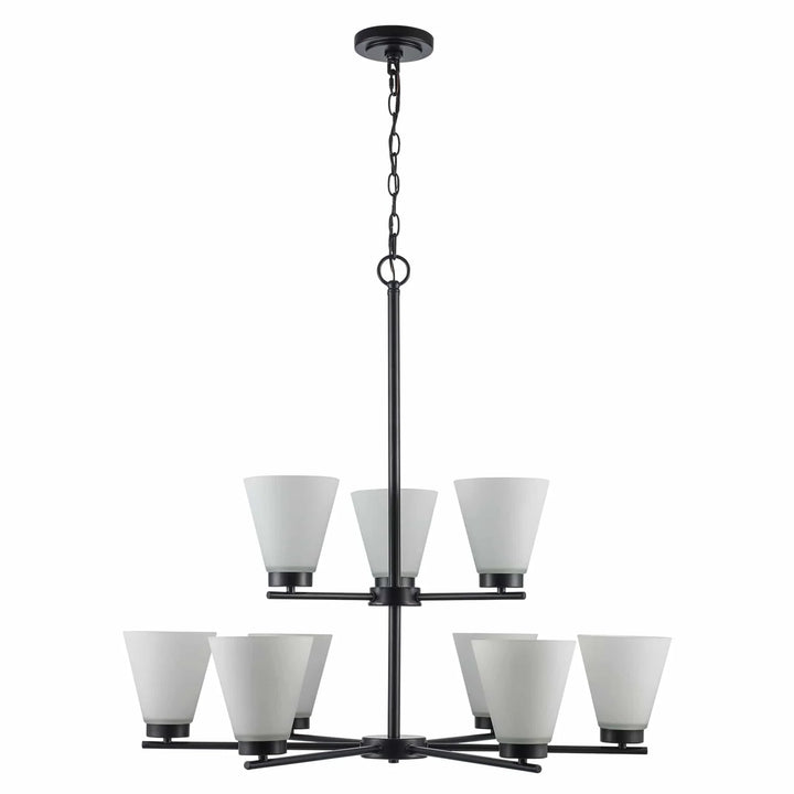 Modern black 9-light chandelier with frosted glass shades for dining room or entryway lighting
