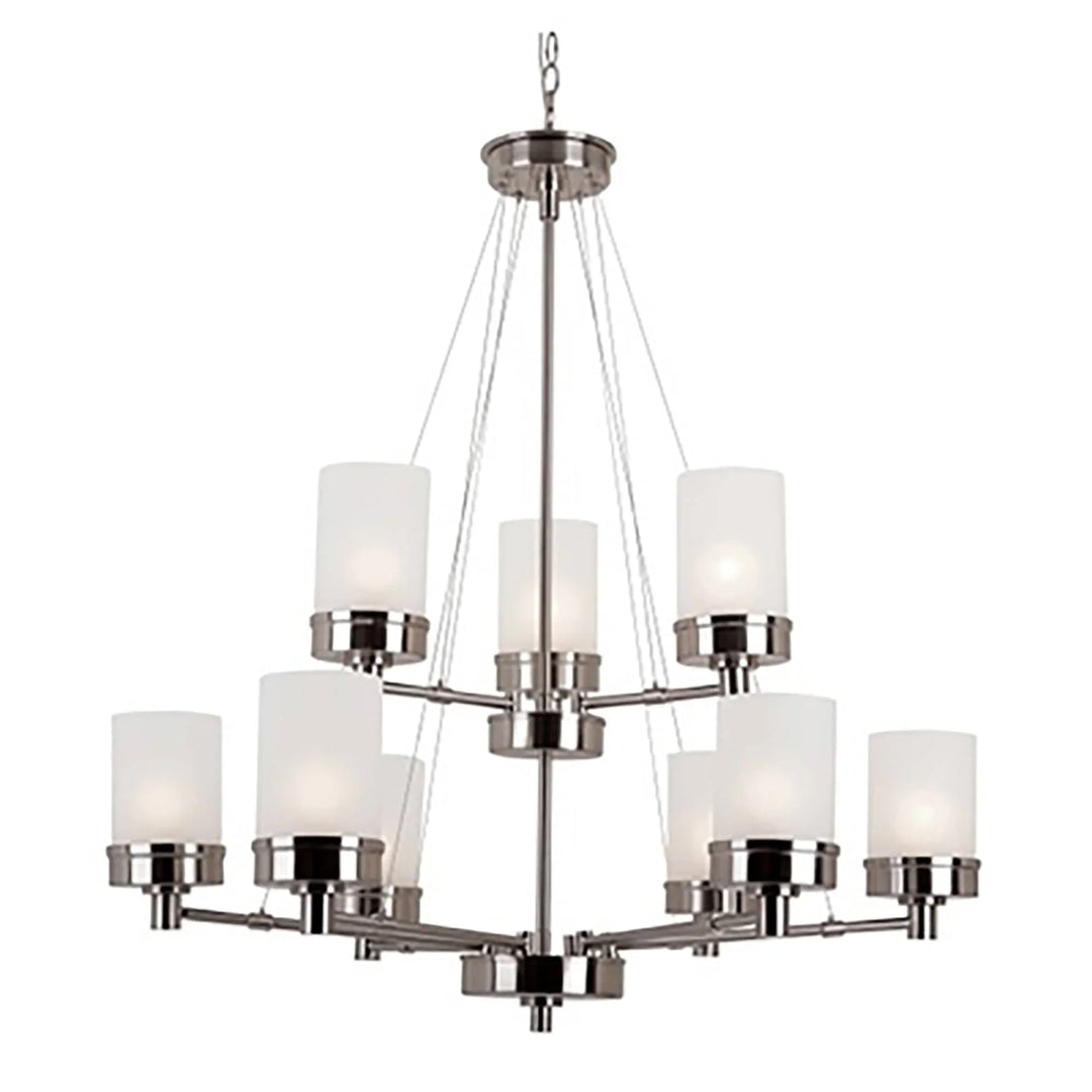 modern 9-light chandelier with frosted glass shades and brushed nickel finish for dining room lighting