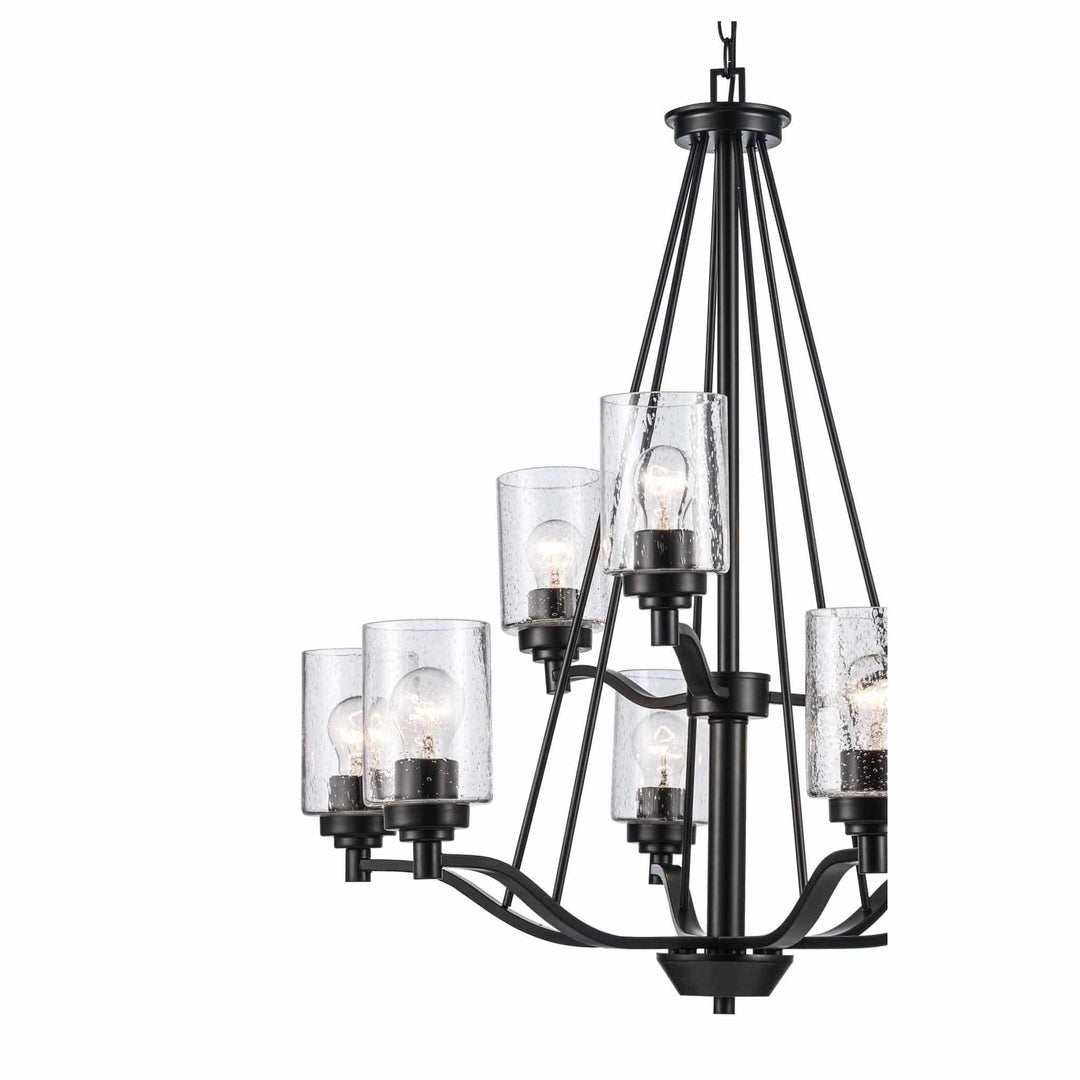 two tier glass shade chandelier with nine exposed bulbs for dining room or entryway lighting