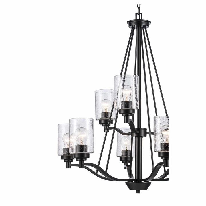 two tier glass shade chandelier with nine exposed bulbs for dining room or entryway lighting