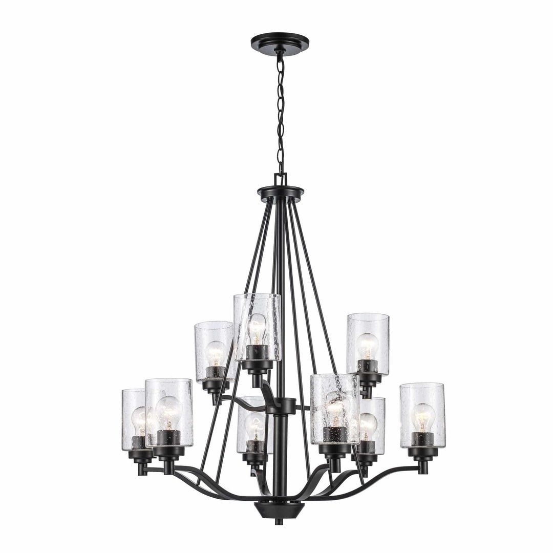 Two-tier nine-light black chandelier with clear glass shades for dining room or entryway lighting