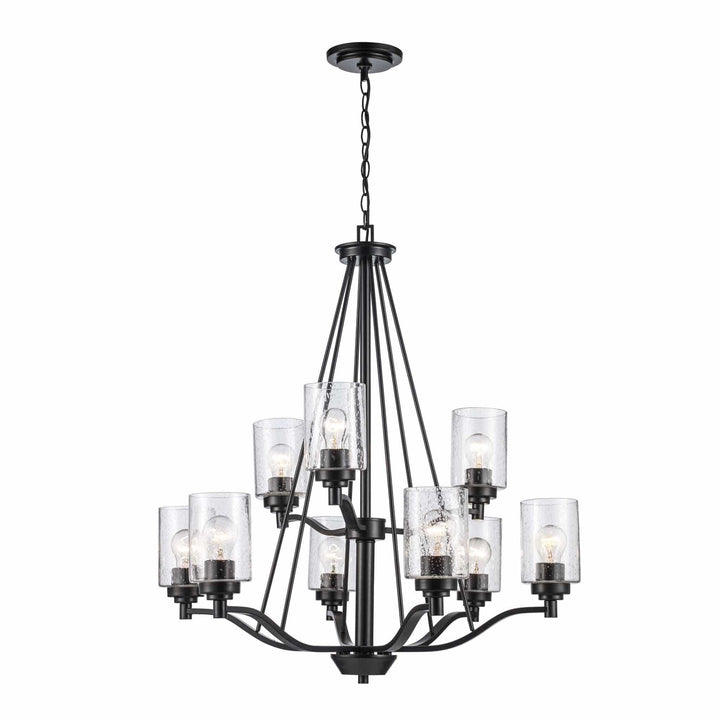 Two-tier nine-light black chandelier with clear glass shades for dining room or entryway lighting