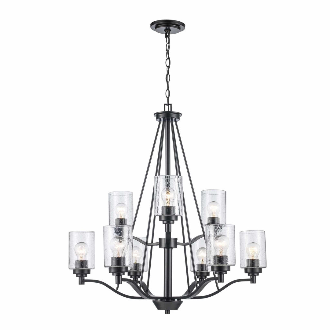 black two-tier chandelier with nine glass cylinder shades for modern dining room lighting