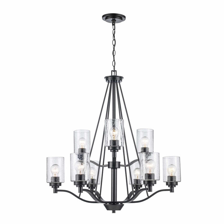 black two-tier chandelier with nine glass cylinder shades for modern dining room lighting