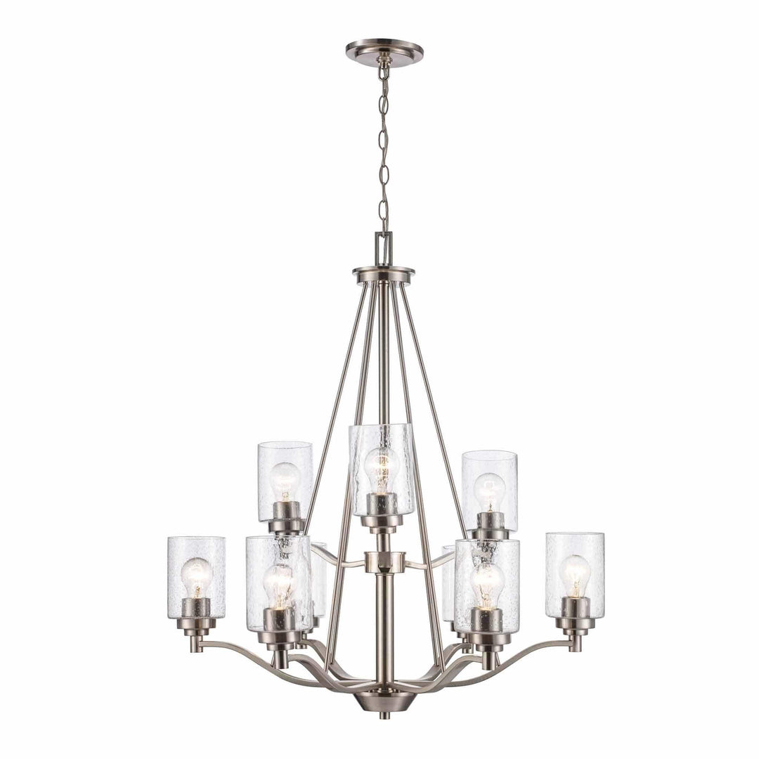 nine-light brushed nickel chandelier with clear glass shades for modern dining room lighting