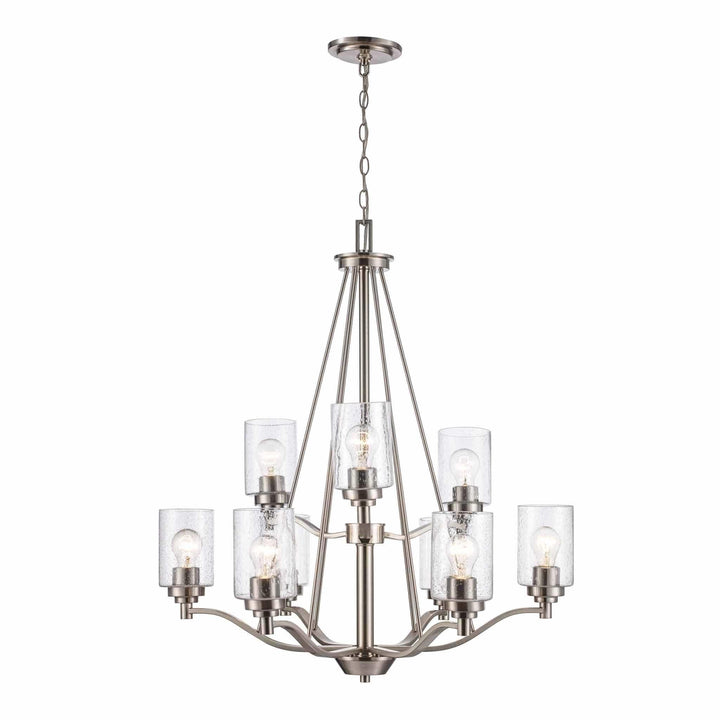 nine-light brushed nickel chandelier with clear glass shades for modern dining room lighting
