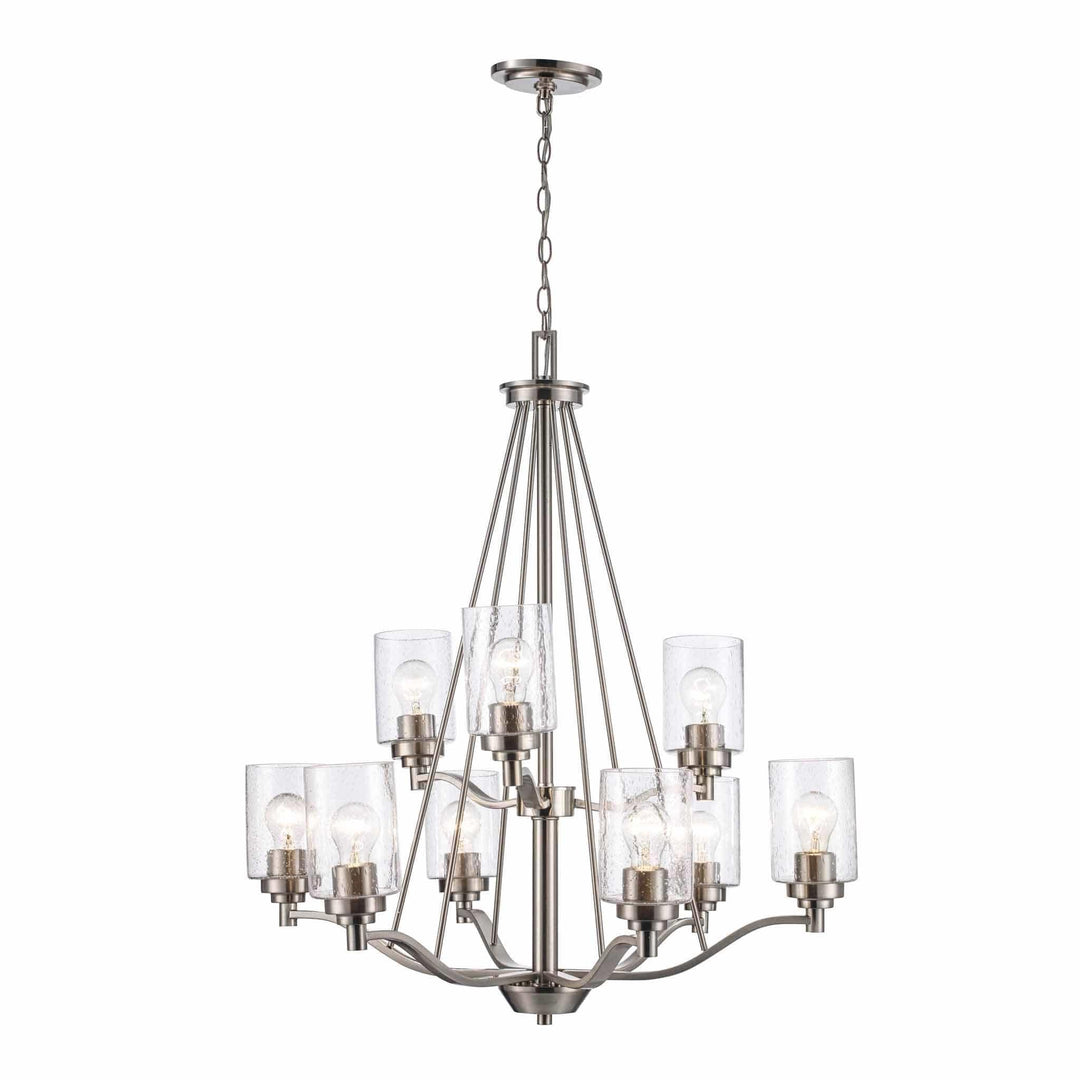 Two-tier brushed nickel chandelier with nine glass shades for modern dining or living room lighting