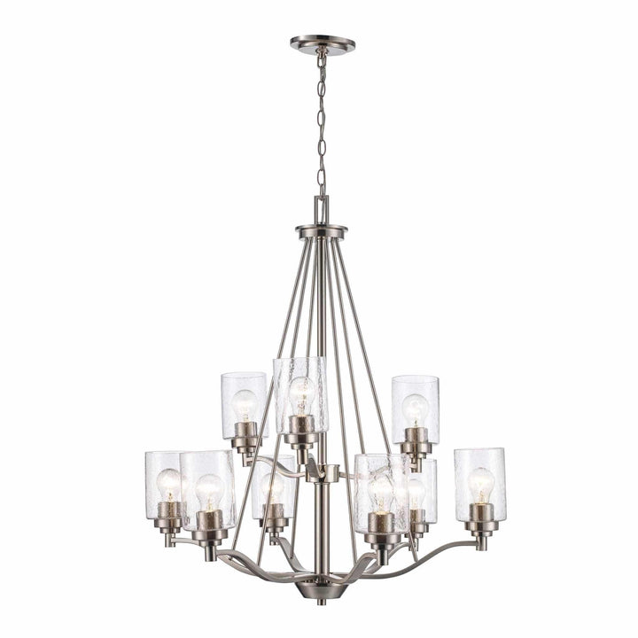 Two-tier brushed nickel chandelier with nine glass shades for modern dining or living room lighting