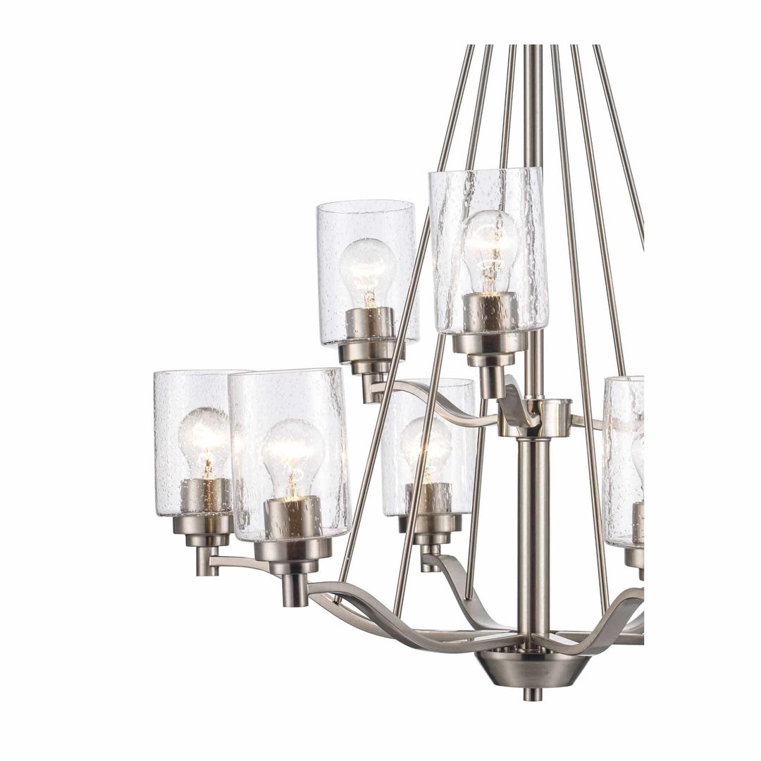 Two-tier brushed nickel chandelier with clear glass shades for modern living room lighting