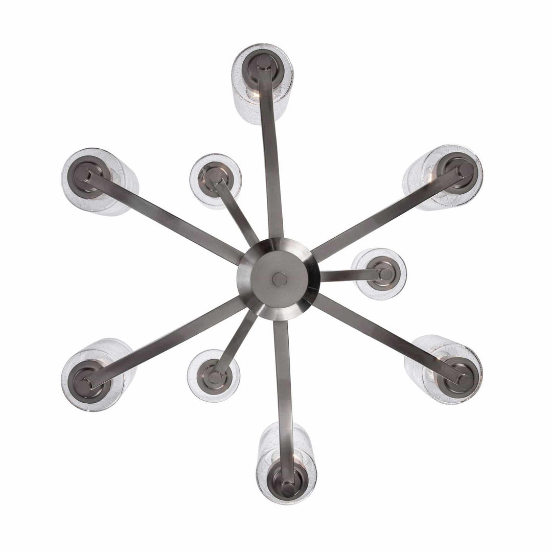 Modern brushed nickel chandelier with nine glass shades for living room or dining area lighting