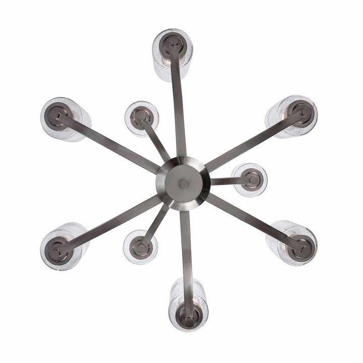 Modern brushed nickel chandelier with nine glass shades for living room or dining area lighting