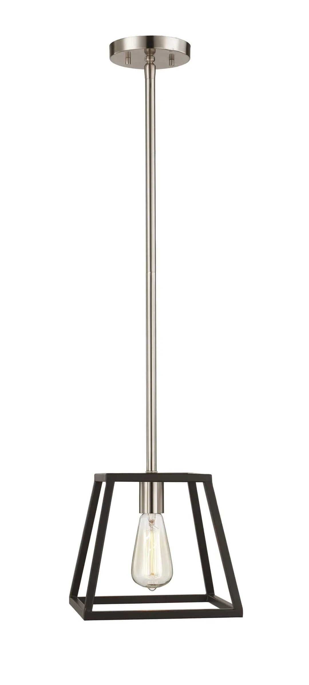 Pendant light with black metal frame and exposed Edison bulb for modern kitchen or dining room