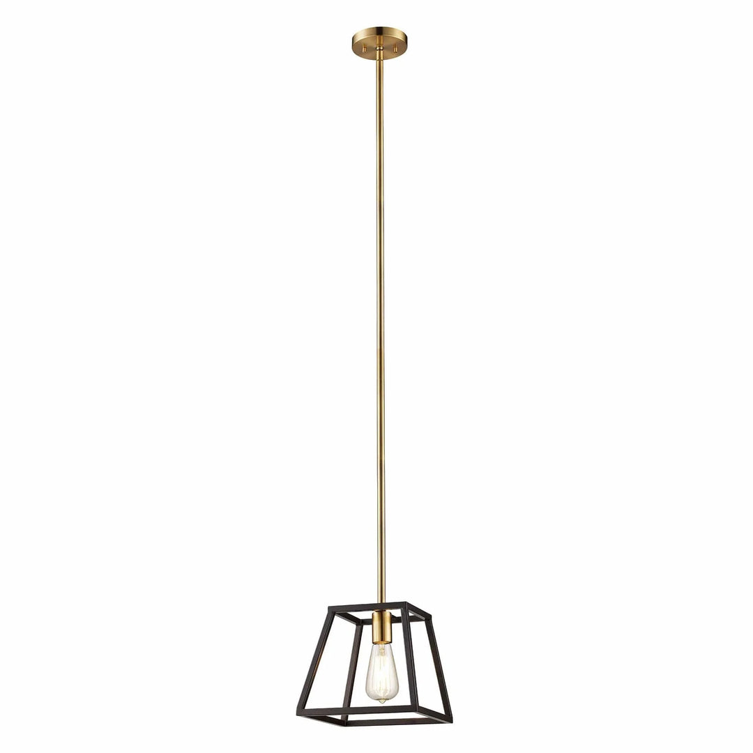 Pendant light with black geometric frame and exposed bulb, ideal for modern kitchen or dining lighting