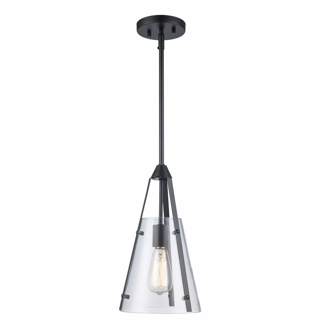 Mini pendant light with clear glass cone shade and black hardware for kitchen island or dining area