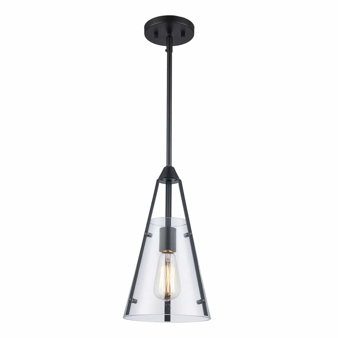 Mini pendant light with clear cone glass shade and black fixture for modern kitchen island lighting