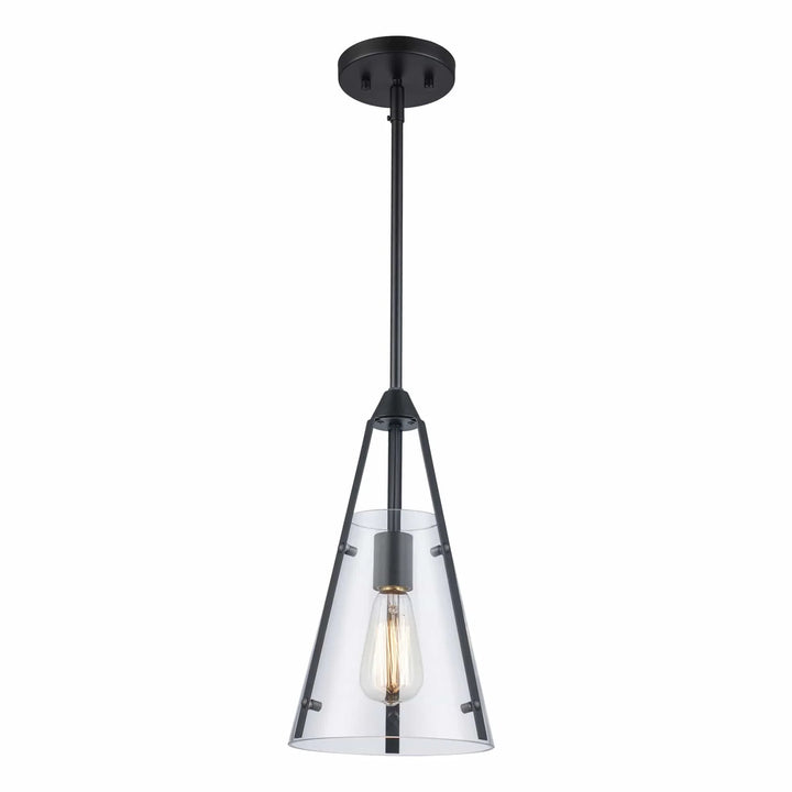 Mini pendant light with clear cone glass shade and black fixture for modern kitchen island lighting