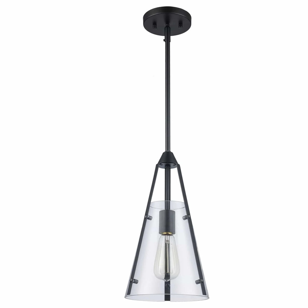 Mini pendant light with clear glass cone shade and black metal fixture for modern kitchen or dining lighting