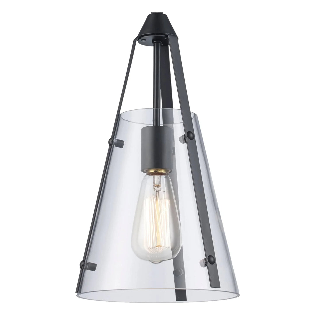 Mini pendant light with clear conical glass shade and black frame for modern kitchen island lighting