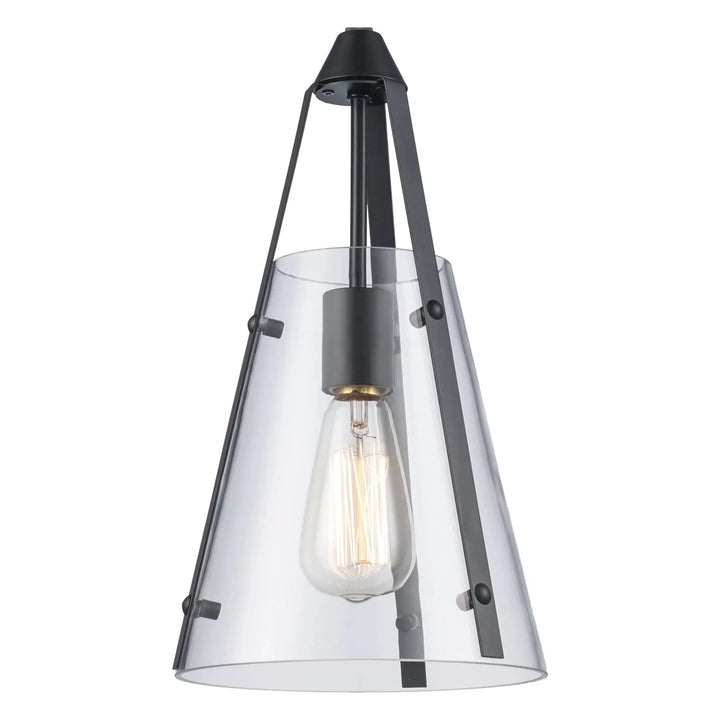 Mini pendant light with clear conical glass shade and black frame for modern kitchen island lighting