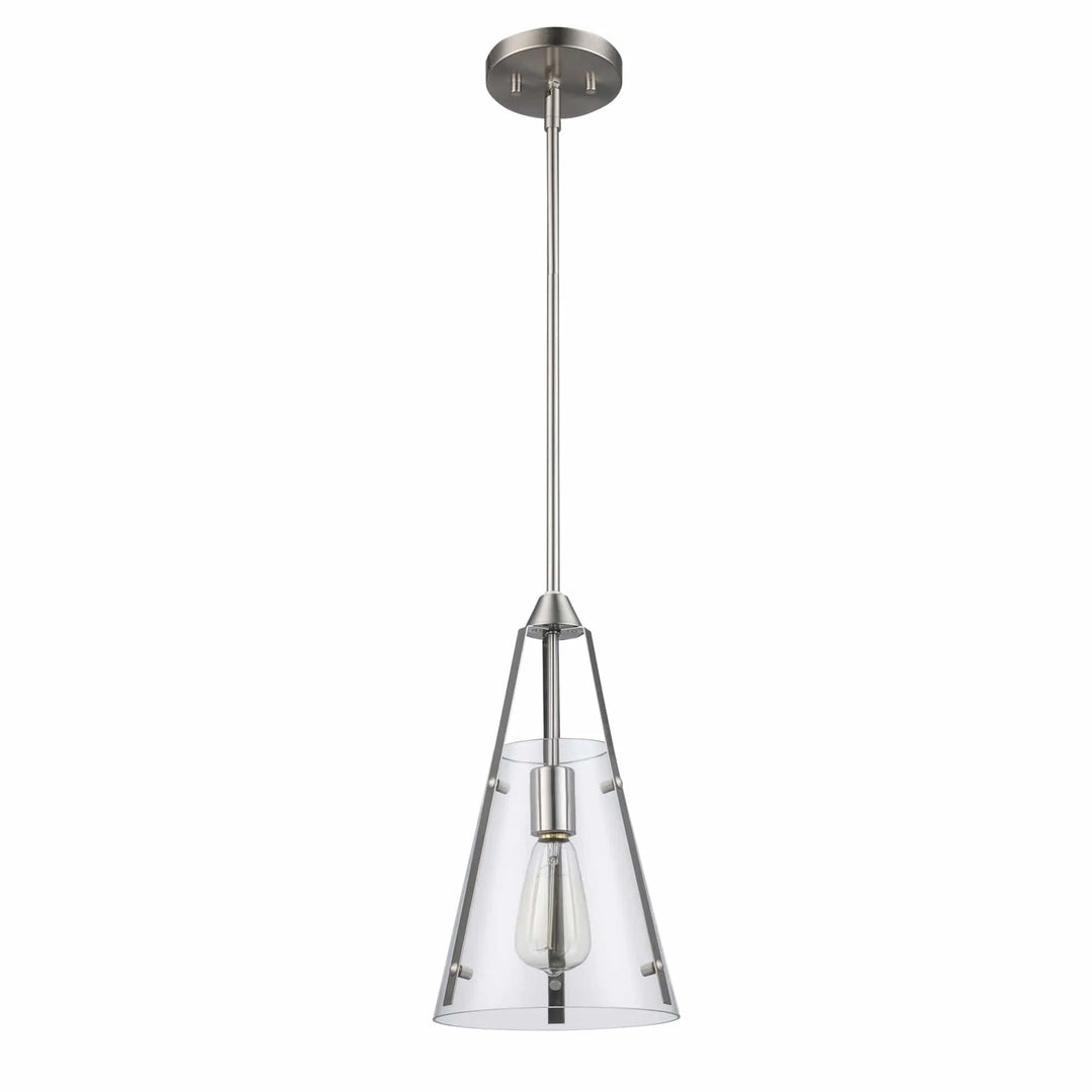 Modern mini pendant light with clear cone glass shade and brushed nickel finish for kitchen islands