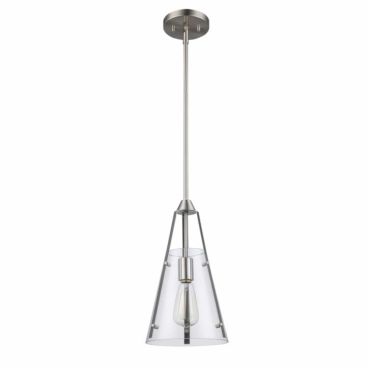 Modern mini pendant light with clear cone glass shade and brushed nickel finish for kitchen islands