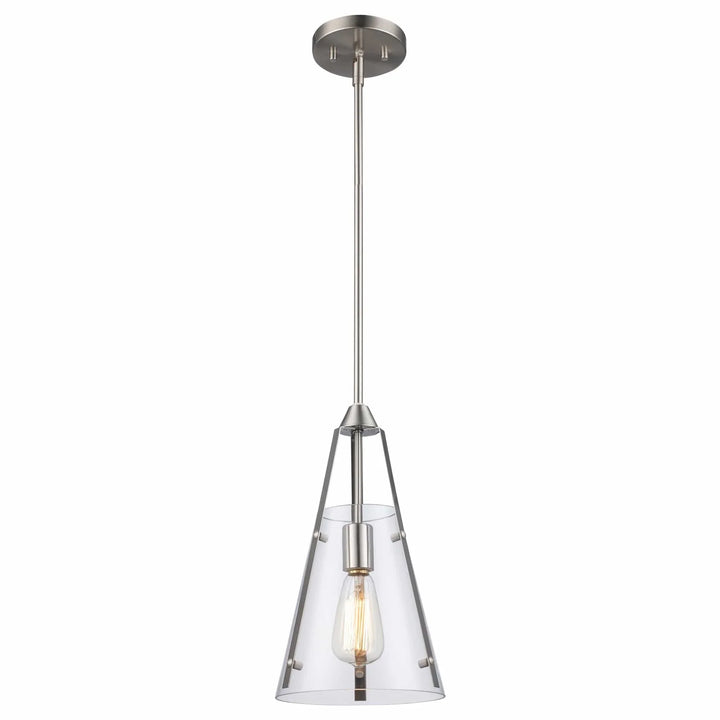 Mini pendant light with clear cone glass shade and brushed nickel finish for kitchen island lighting