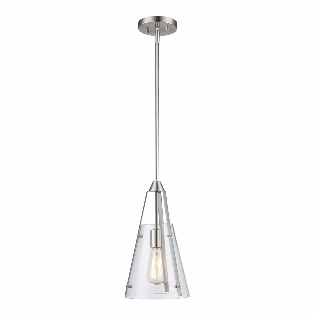 Mini pendant light with clear conical glass shade and brushed nickel finish for kitchen or dining area