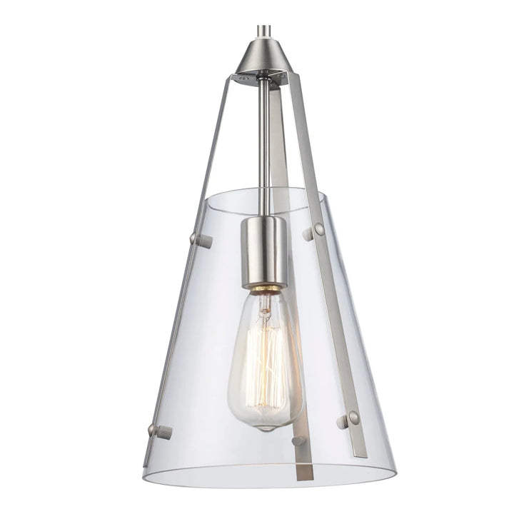 Mini pendant light with clear glass shade and brushed nickel finish for kitchen island or dining area