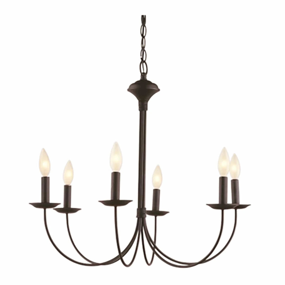 Black candle chandelier with six lights for dining room or entryway ambient lighting