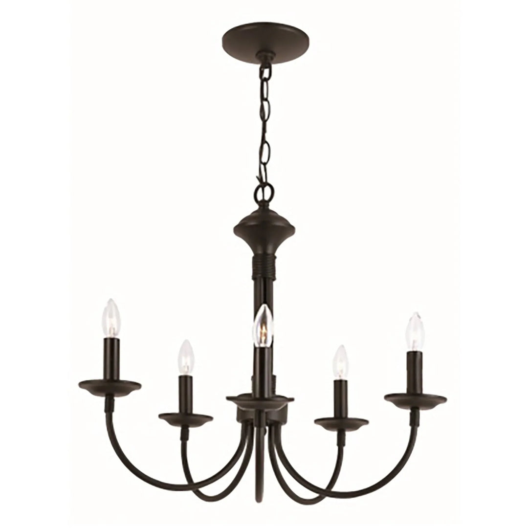 Black candle-style chandelier with five arms for modern dining room or entryway lighting