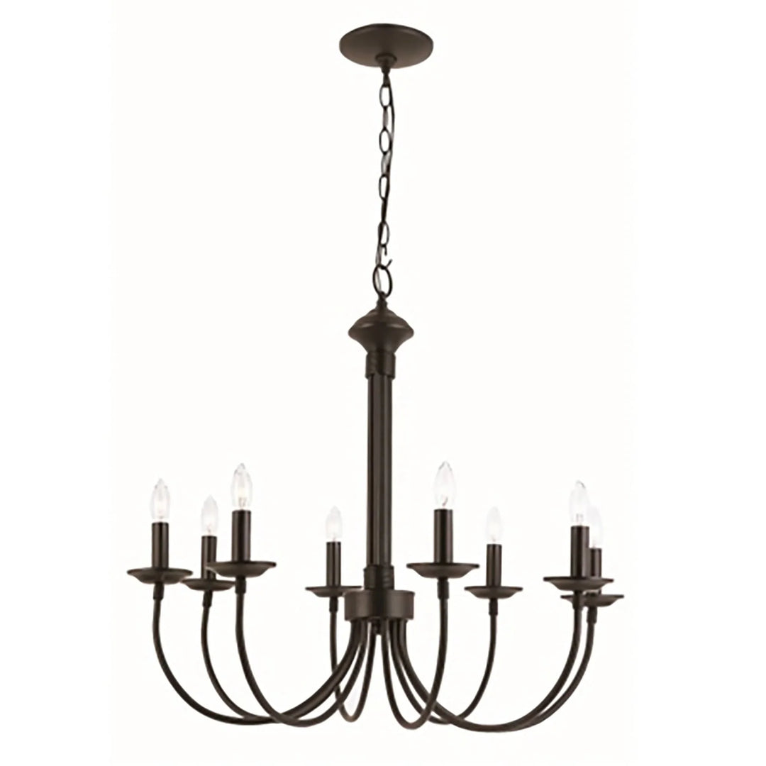 Candle style chandelier in black metal with eight arms for dining room or foyer lighting