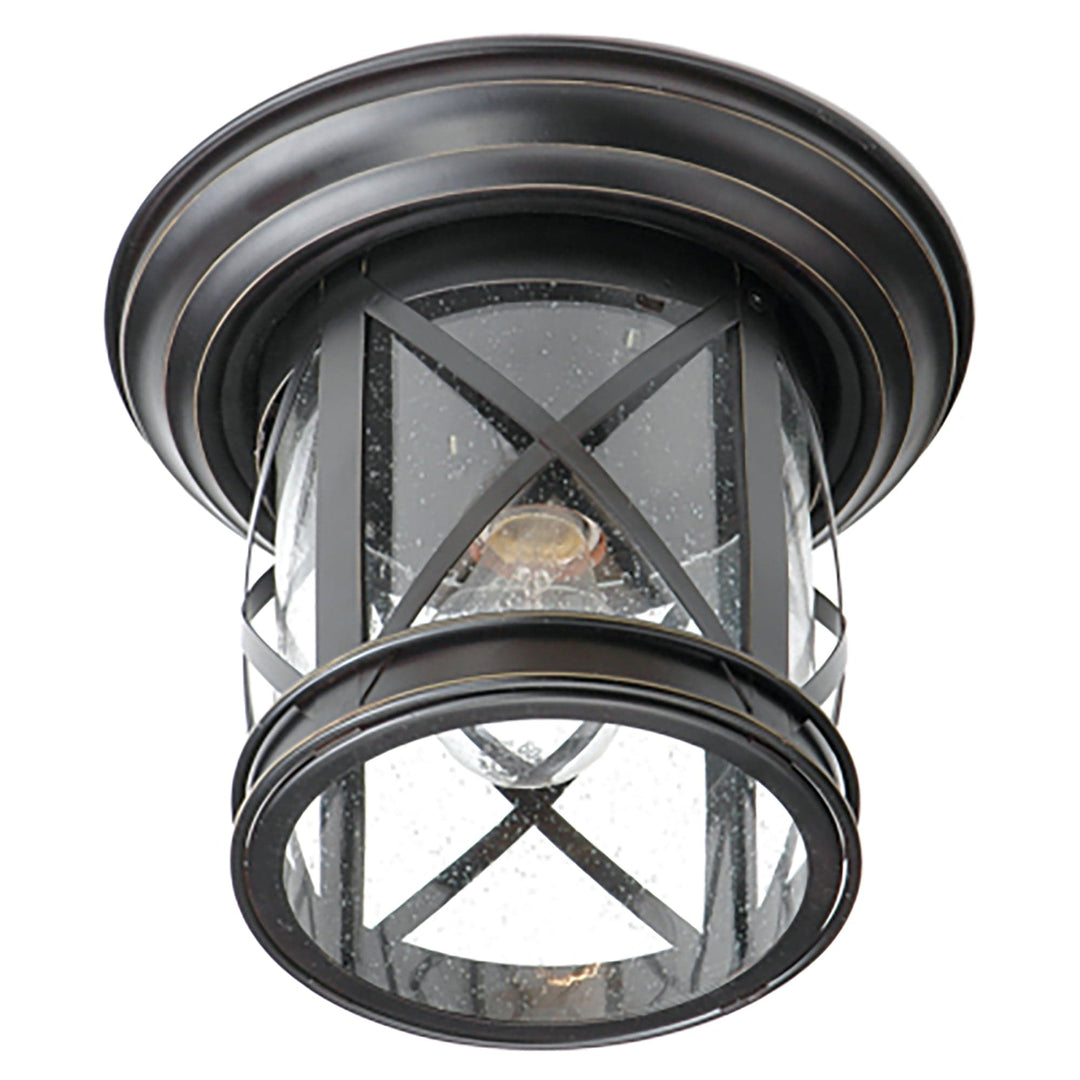 Trans Globe Chandler 11-In. Dia. Metal and Glass Outdoor Flush Mount Ceiling Light with Open Base - Rubbed Oil Bronze