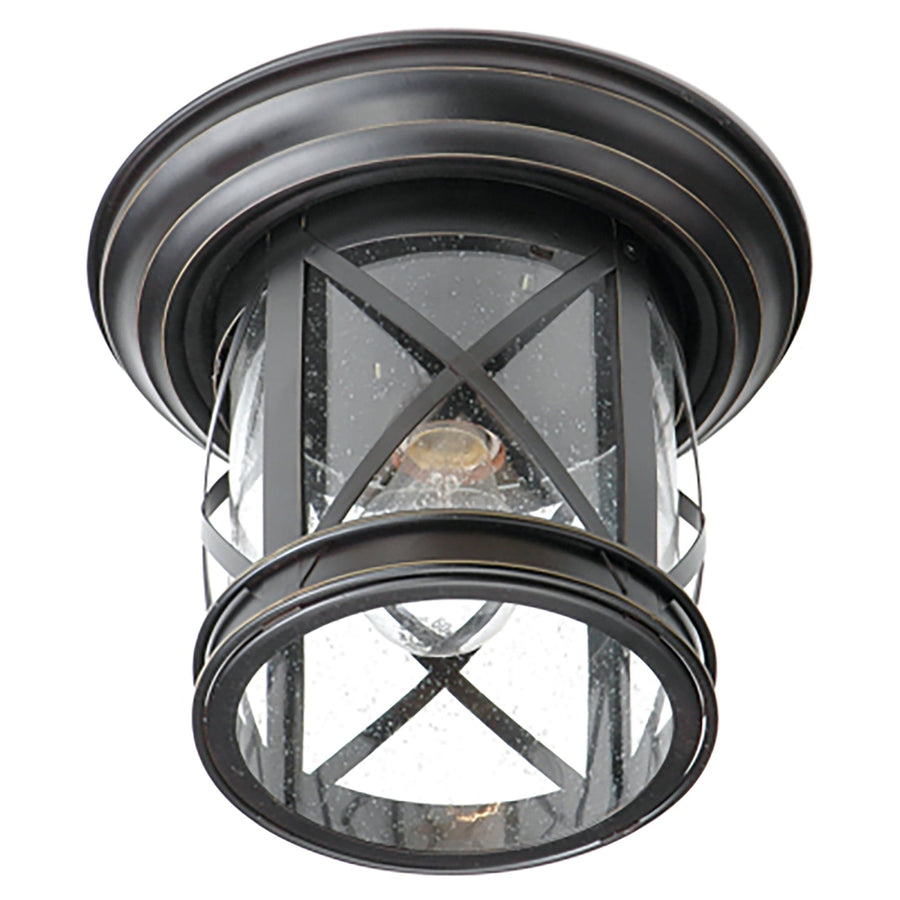 Trans Globe Chandler 11-In. Dia. Metal and Glass Outdoor Flush Mount Ceiling Light with Open Base - Rubbed Oil Bronze