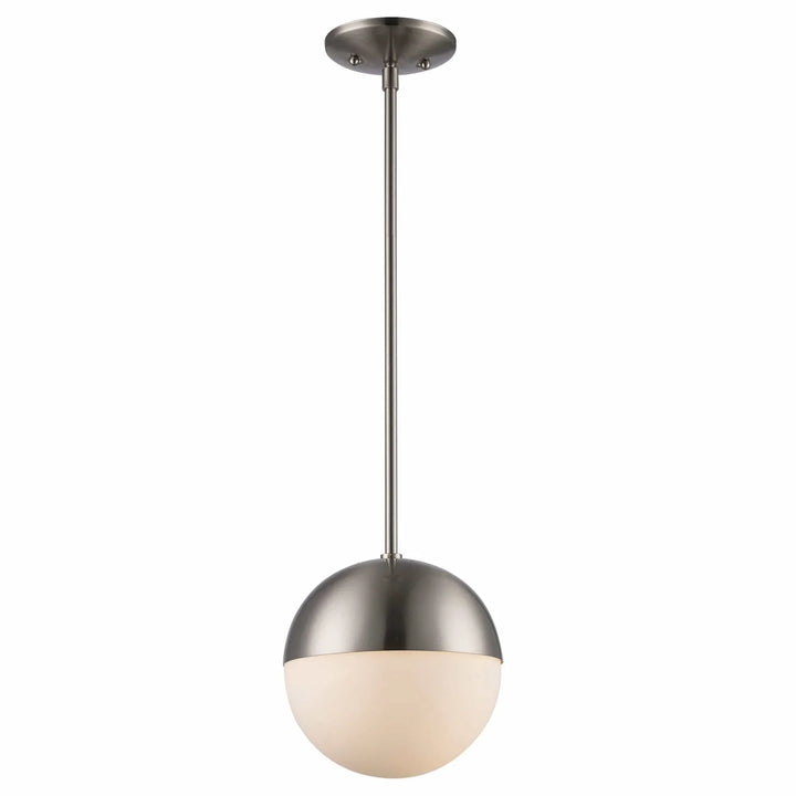 Globe pendant light with brushed nickel finish and opal glass shade for modern indoor lighting