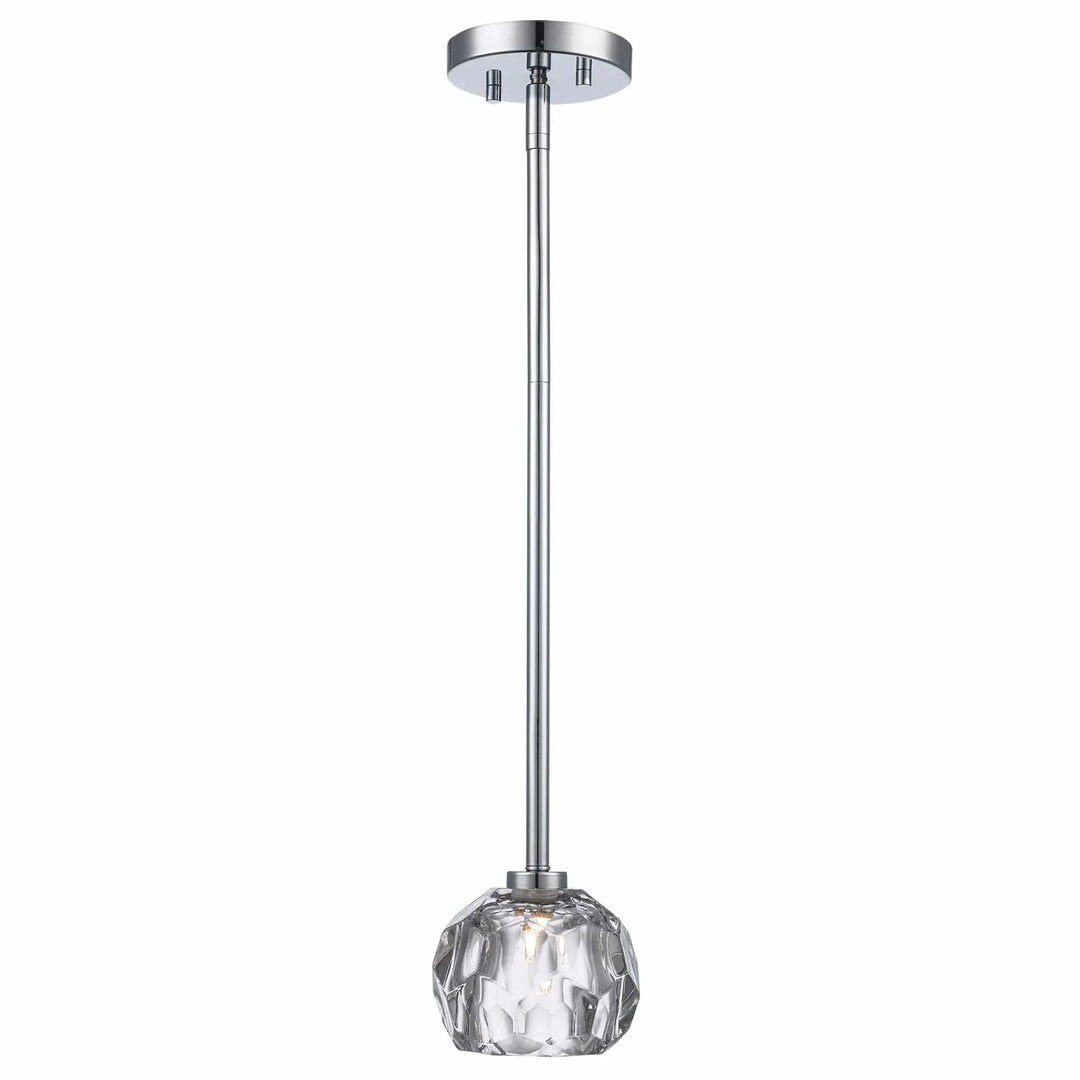 Ceiling pendant light with polished chrome stem and crystal shade for modern interior lighting
