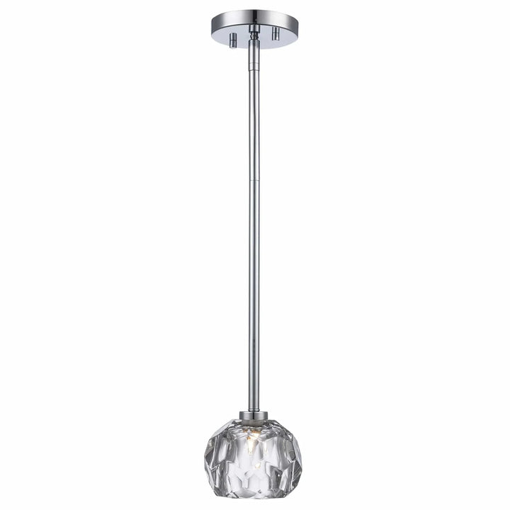 Ceiling pendant light with polished chrome stem and crystal shade for modern interior lighting