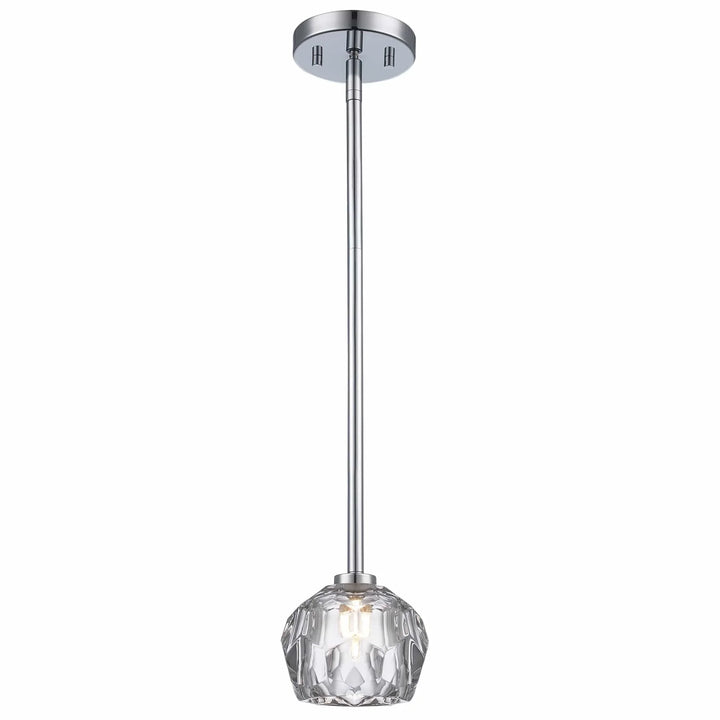 Ceiling-mounted pendant light with polished chrome fixture and faceted crystal shade for modern interiors