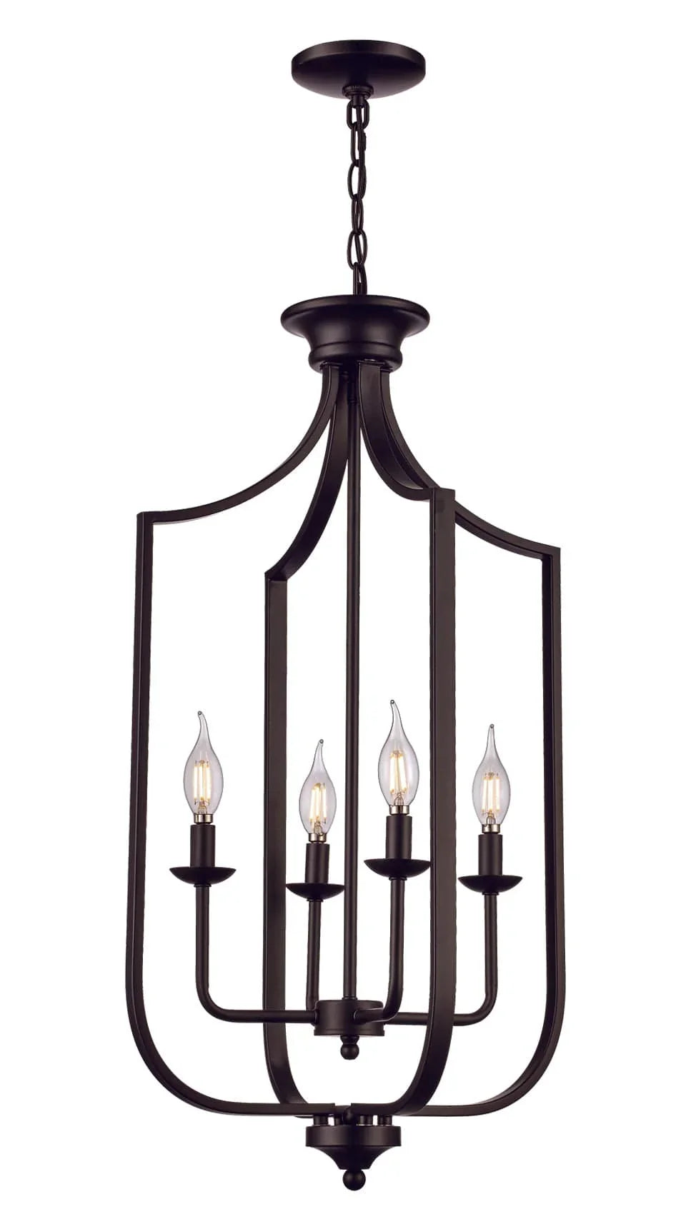 Foyer pendant light in metallic bronze with open cage design and four candle-style bulbs for entryway