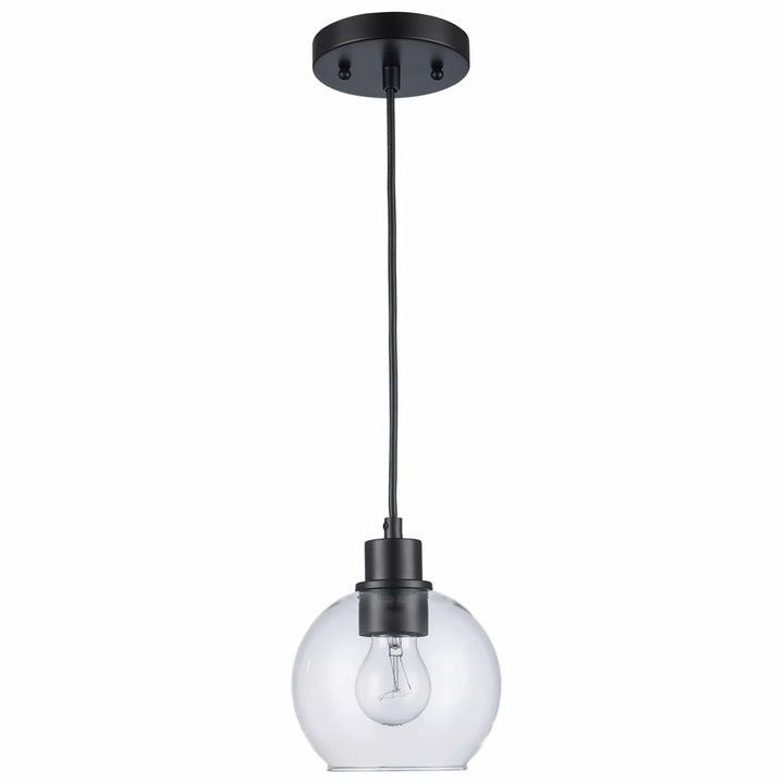 Black single pendant light with clear glass globe shade for kitchen or dining room ceiling