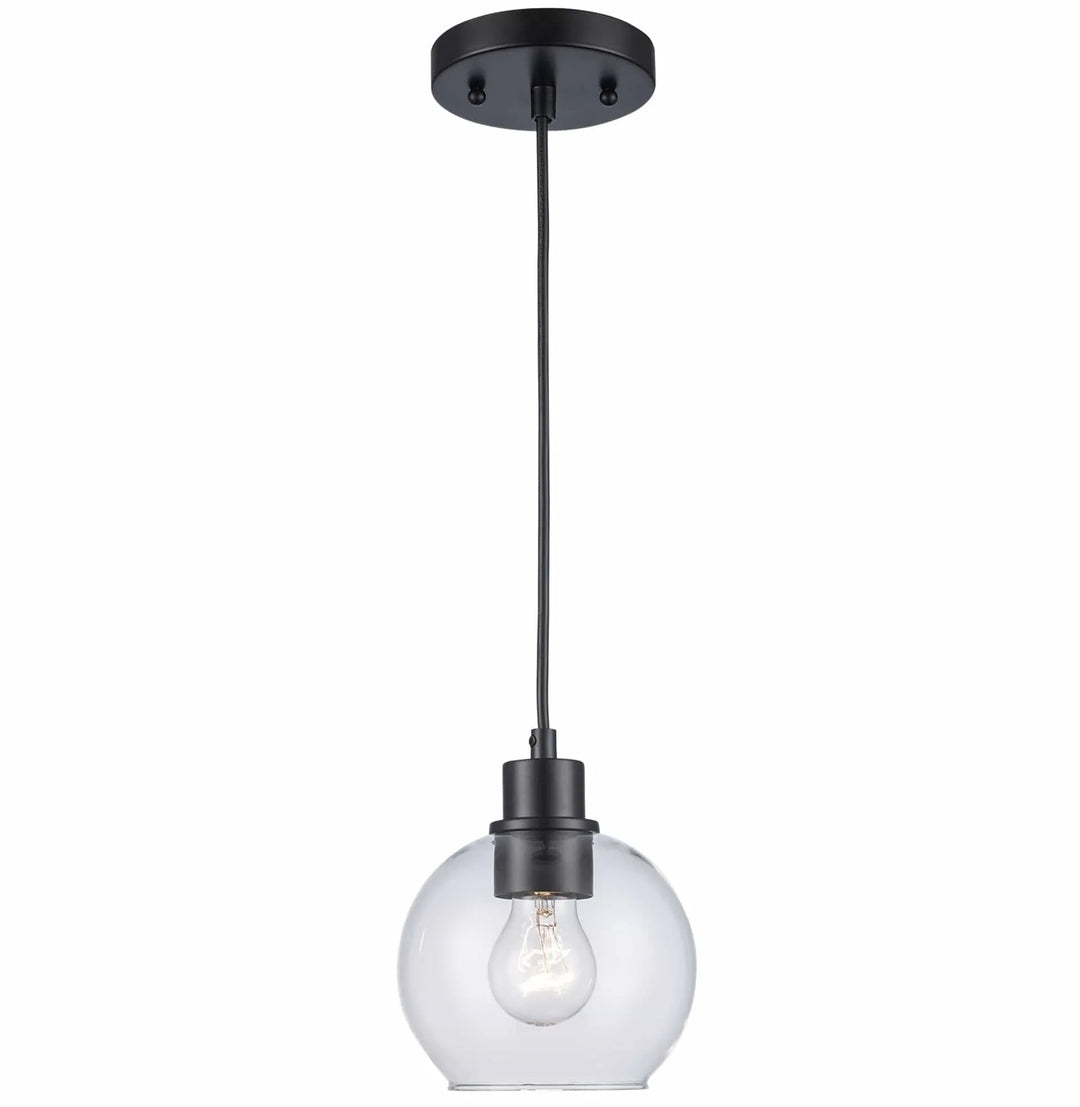 Modern pendant light with black fixture and clear glass globe for kitchen or dining room lighting