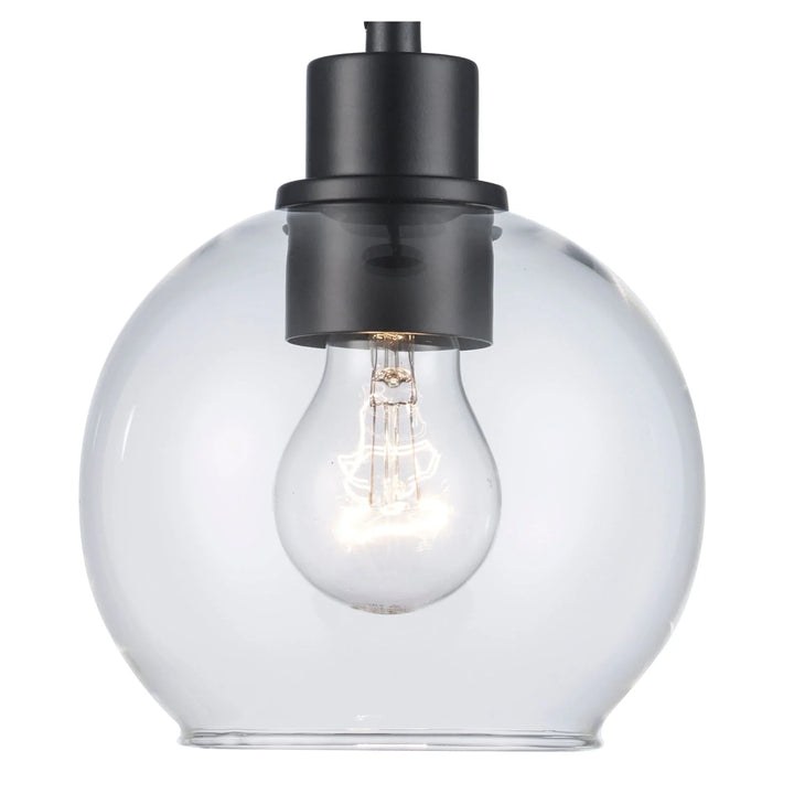 Pendant light with clear glass globe shade and black fixture for modern indoor ceiling lighting