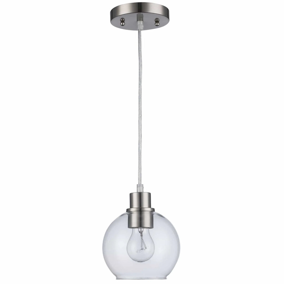 Pendant light with clear glass globe shade and brushed nickel finish for modern kitchen or dining lighting