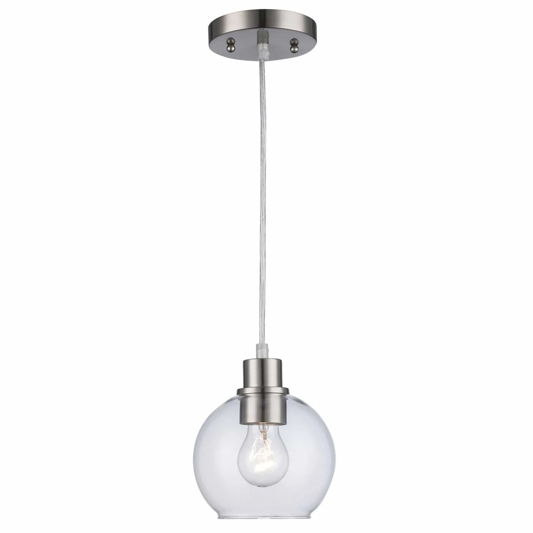 Pendant light with brushed nickel finish and clear globe shade for modern kitchen or dining lighting
